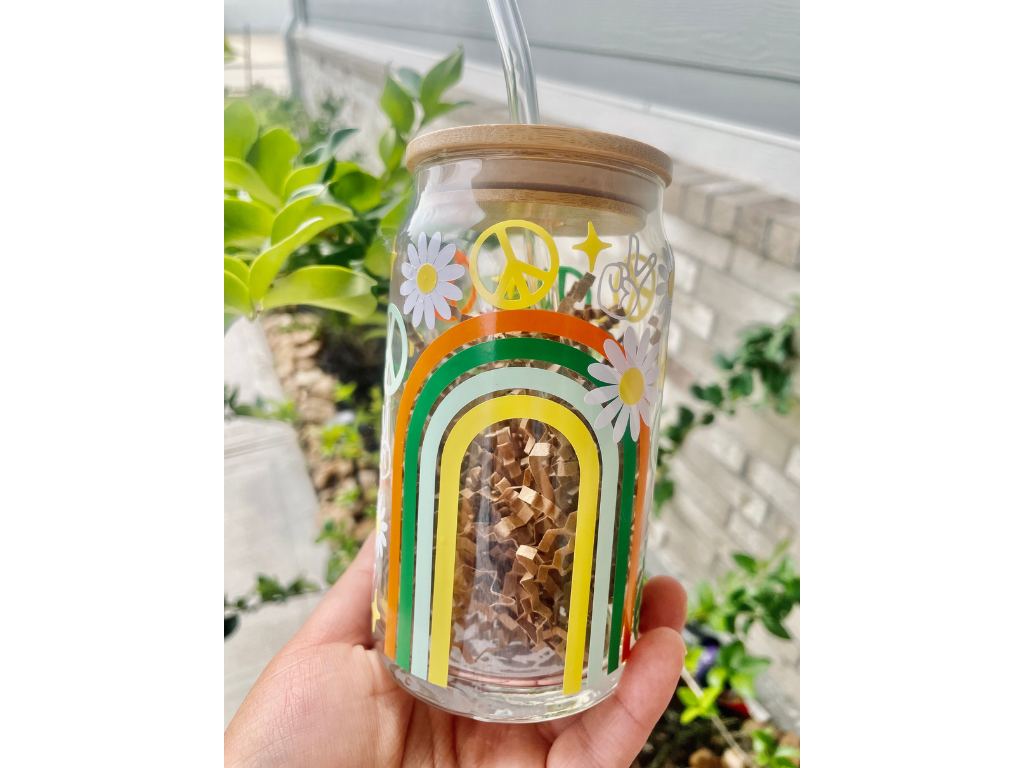 Peace & Rainbows Glass Can Cup